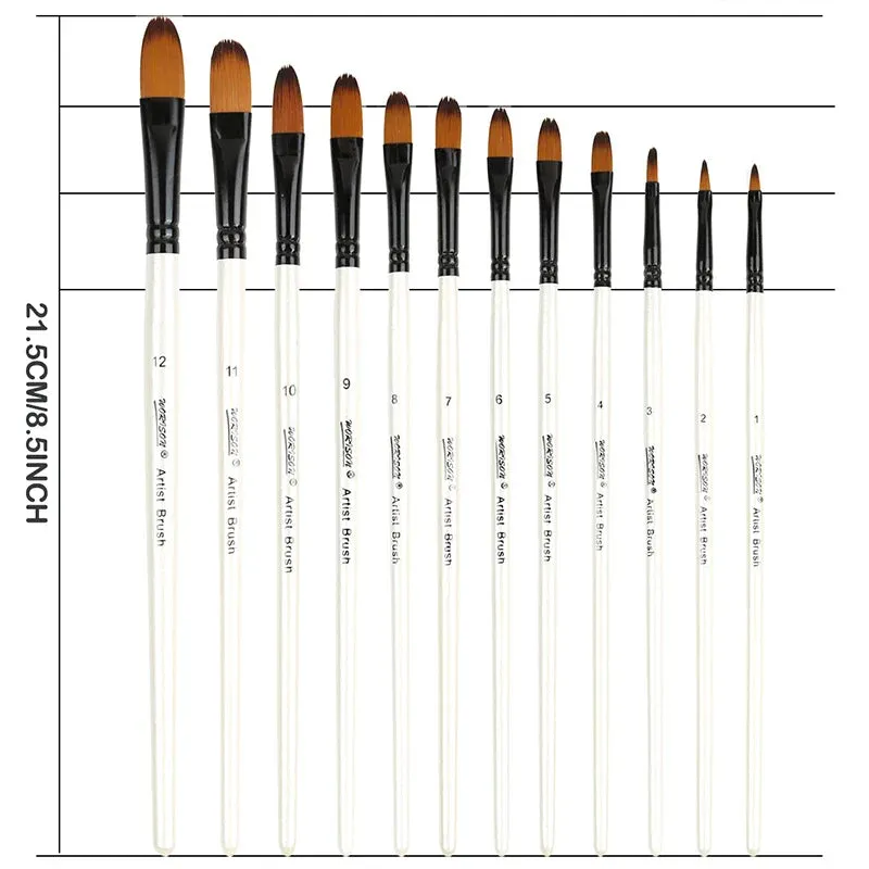12 Piece Round Filbert Paint Brush Set For Acrylic Oil Watercolour Gouache Synthetic Nylon