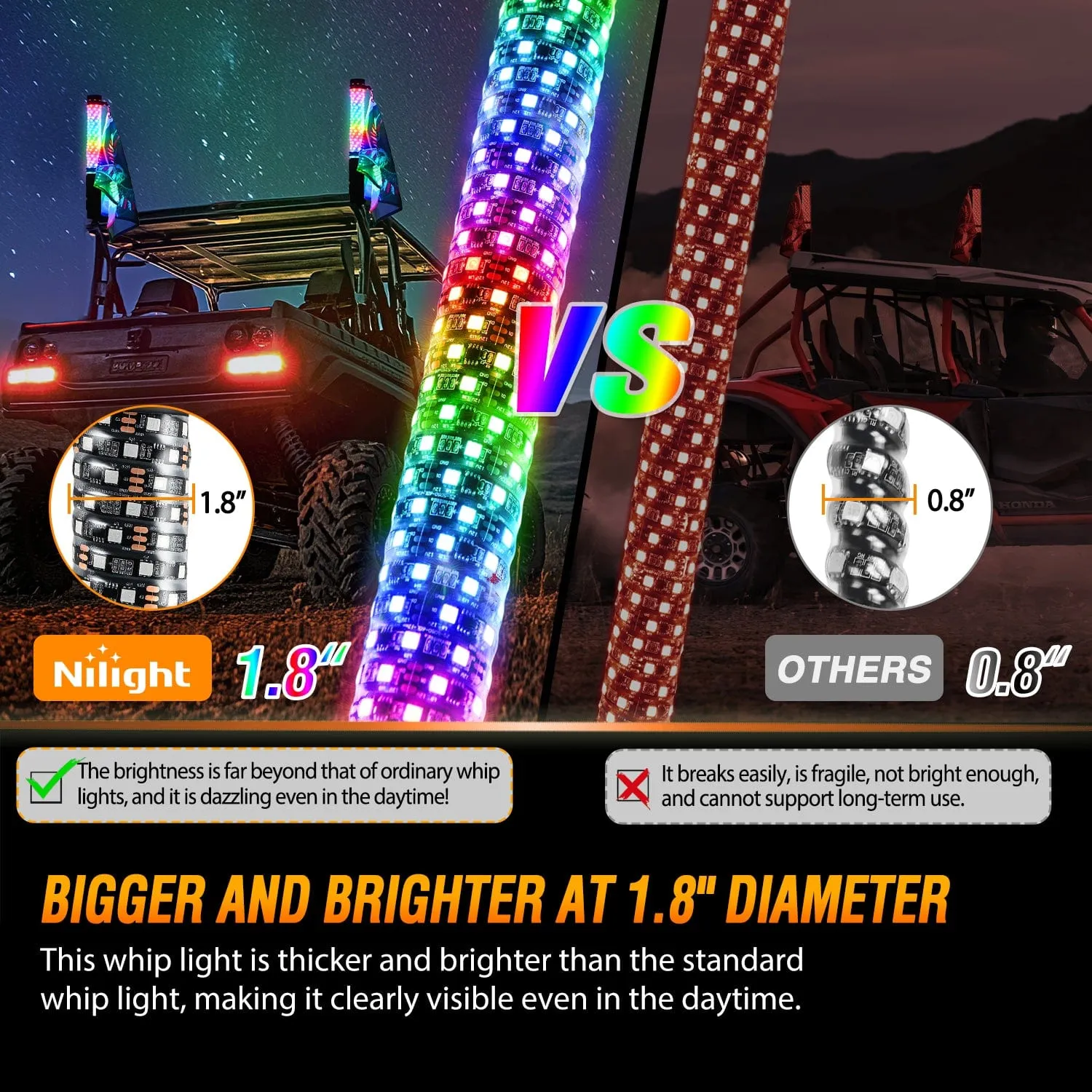 2Pcs 1FT Spiral Antenna Bluetooth Remote App Control Led Fat Whip Light