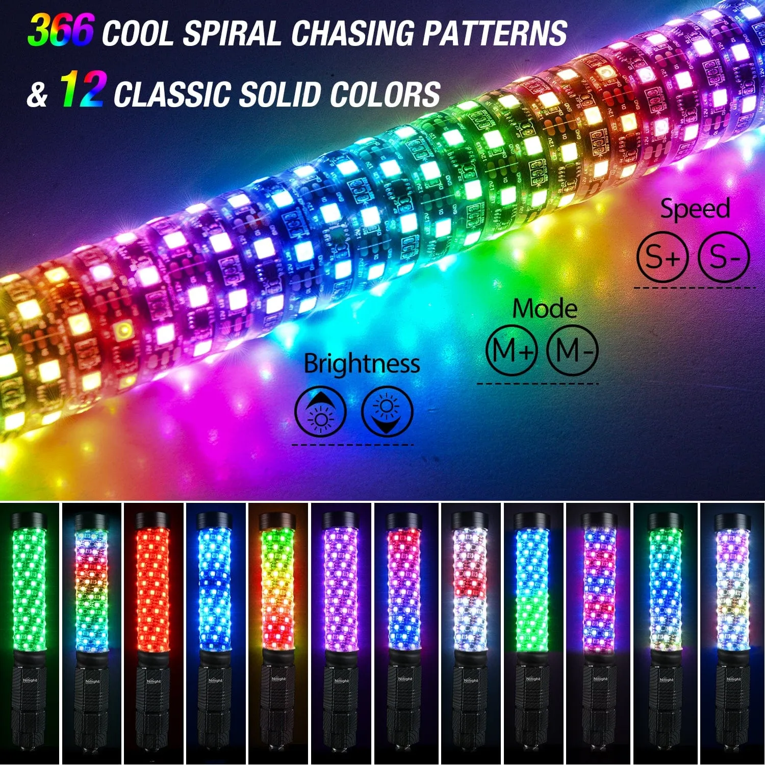 2Pcs 1FT Spiral Antenna Bluetooth Remote App Control Led Fat Whip Light