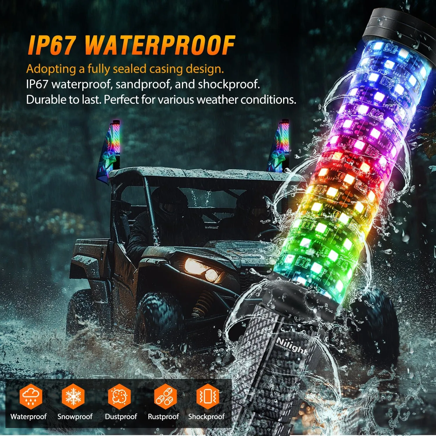 2Pcs 1FT Spiral Antenna Bluetooth Remote App Control Led Fat Whip Light