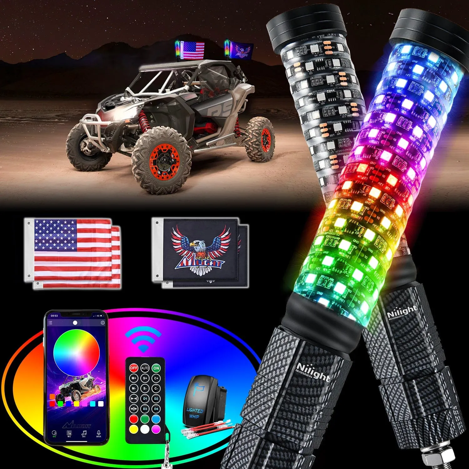 2Pcs 1FT Spiral Antenna Bluetooth Remote App Control Led Fat Whip Light