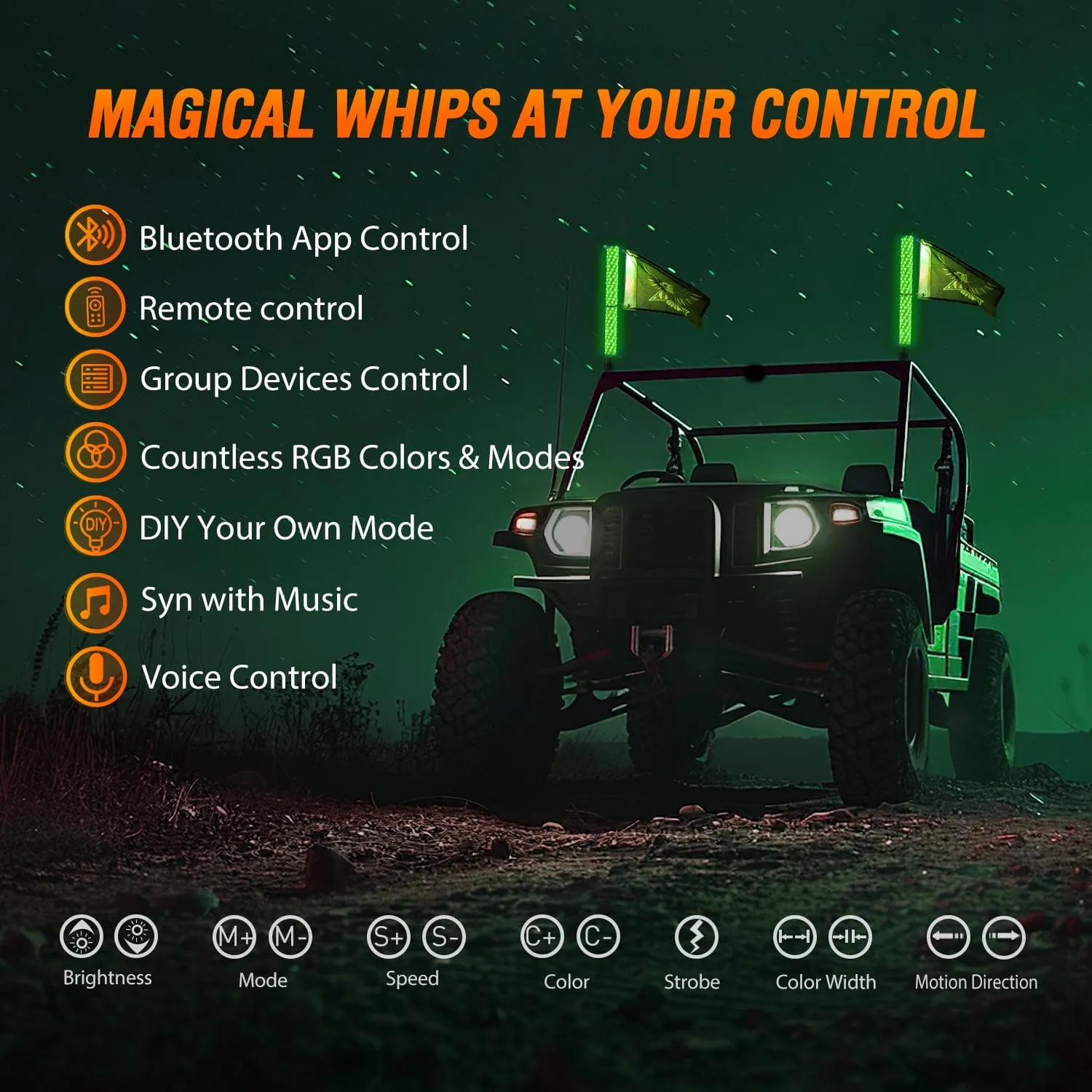 2Pcs 2FT Spiral Antenna Bluetooth Remote App Control Led Fat Whip Light