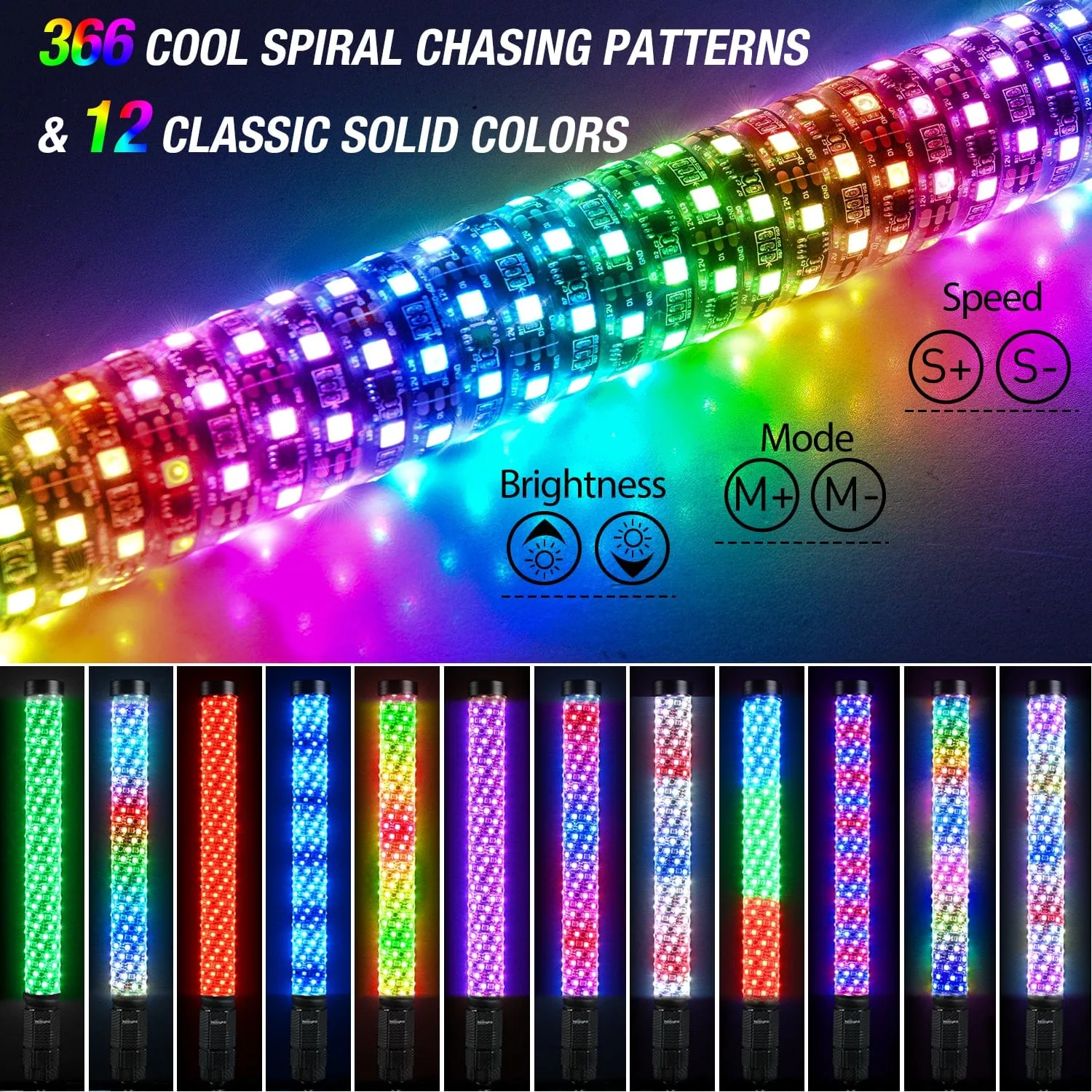 2Pcs 2FT Spiral Antenna Bluetooth Remote App Control Led Fat Whip Light