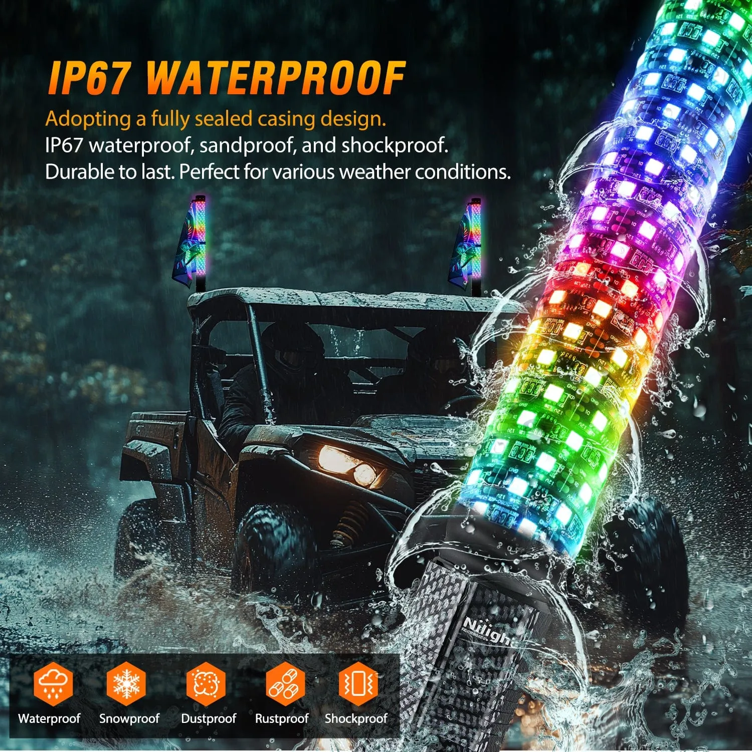 2Pcs 2FT Spiral Antenna Bluetooth Remote App Control Led Fat Whip Light