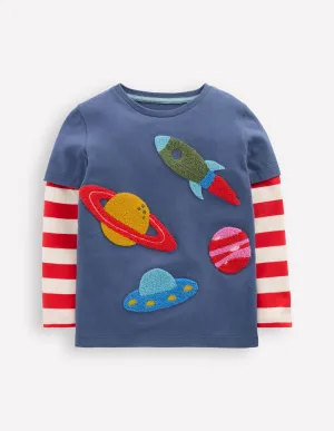 Applique Mock Sleeve T-Shirt-Robot Blue Space
