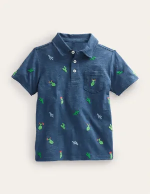 Embroidered Slubbed Polo Shirt-Robot Blue Cactus