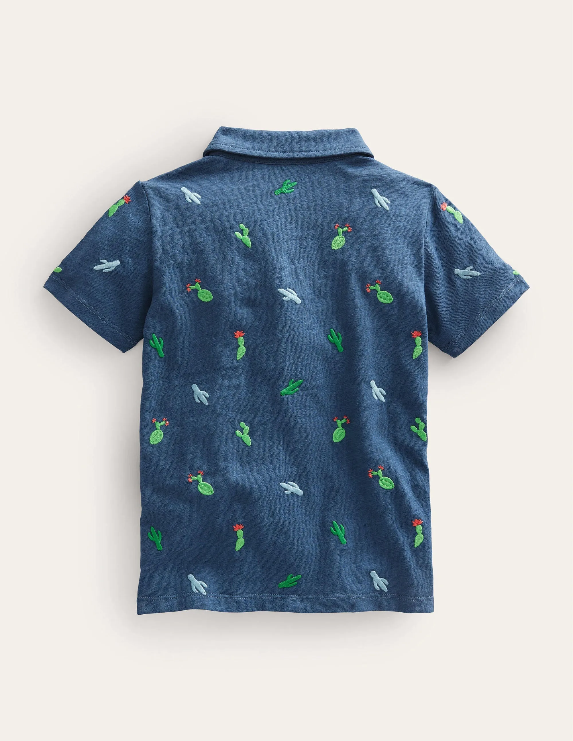 Embroidered Slubbed Polo Shirt-Robot Blue Cactus